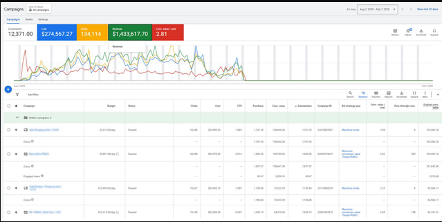 Google Ads ecommerce campaign performance showing 12371 conversions and 1.43 million dollars in revenue